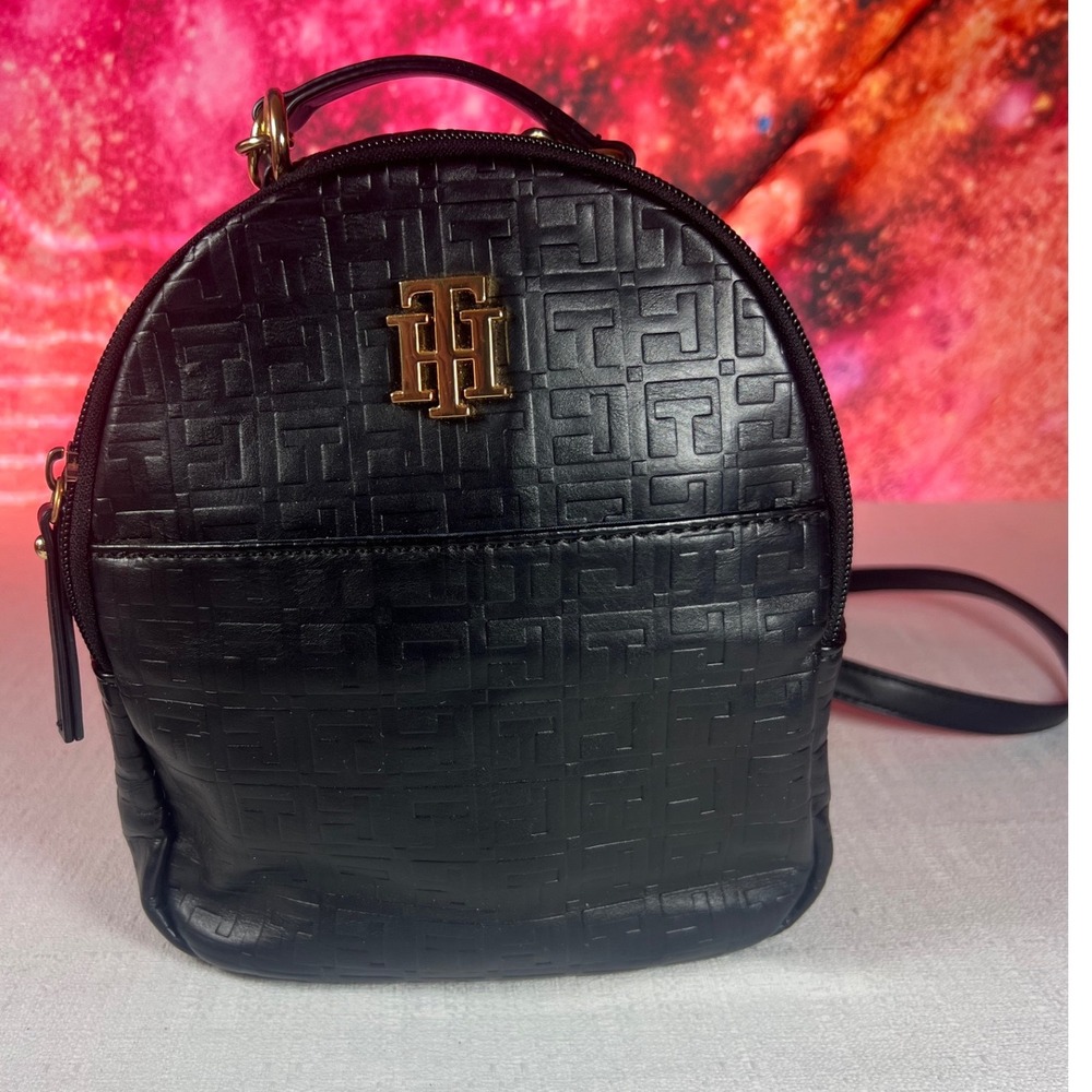 Tommy Hilfiger Black Embossed Monogram Mini Backpack Gold Hardware TH Logo